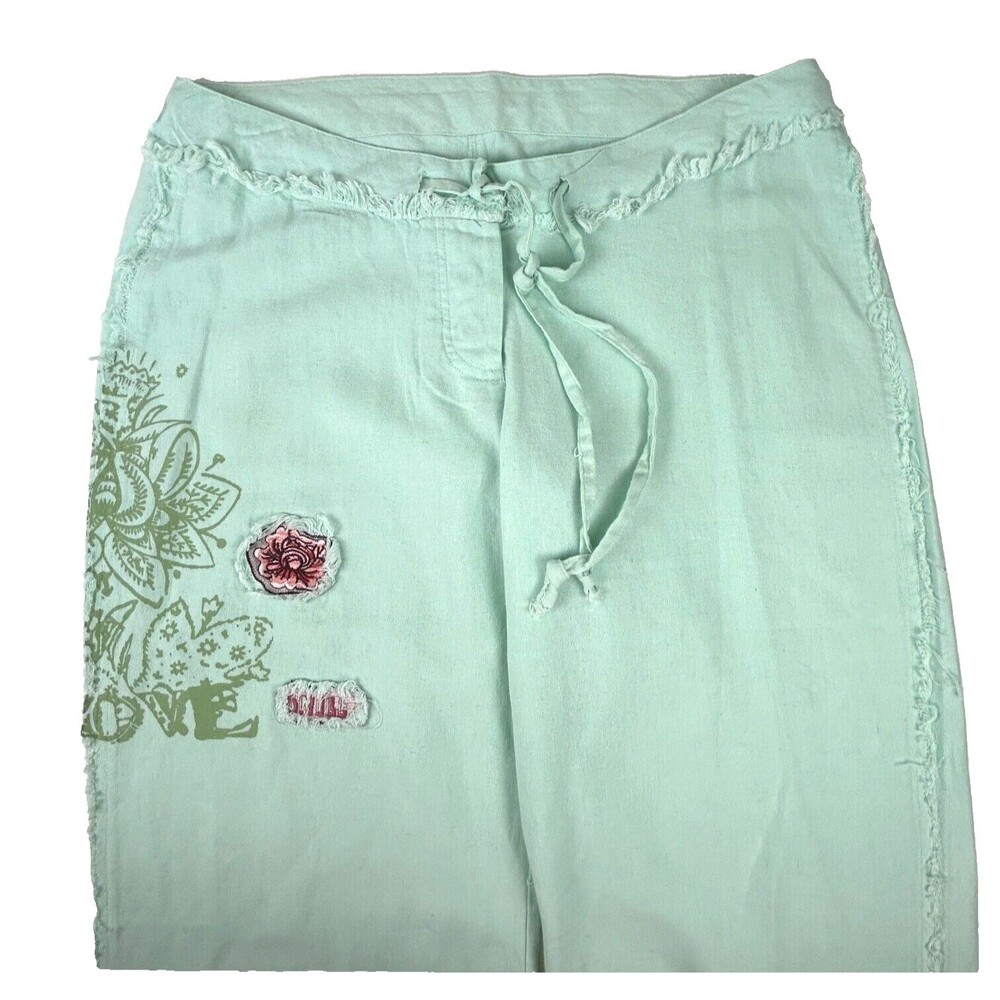 AZIZ Boho Seafoa Linen Draw String Wide Leg Pants Raw Edges Patches NEW Size L